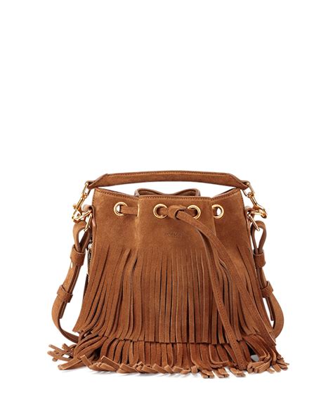 Saint Laurent Emmanuelle Small Suede Fringe Bucket Bag, Light 